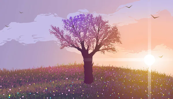 Ένα ανθισμένο δέντρο σε ένα λόφο με λουλούδια το ηλιοβασίλεμα. Πουλιά που πετούν στα σύννεφα. — Διανυσματικό Αρχείο