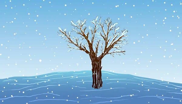 Δέντρο στο λόφο, και χιόνι που πέφτει. — Διανυσματικό Αρχείο