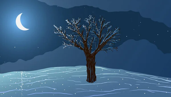 Νυχτερινό τοπίο. Ένα δέντρο στο λόφο στο σεληνόφως. — Διανυσματικό Αρχείο