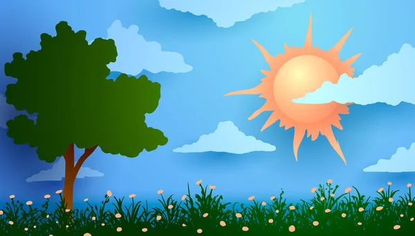 Sommarlandskap. Sol bland moln och träd på grönt gräs med blommor — Stock vektor