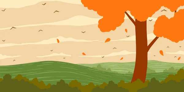 Arbre à feuilles caduques orange avec des feuilles orange sur la colline. — Image vectorielle