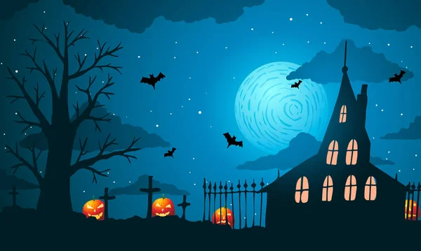 Ilustração vetorial de Halloween. Abóbora Jack no fundo da casa velha, cemitério e lua cheia. — Vetor de Stock