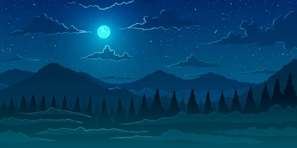 矢量背景。夜晚群山中的冷杉林. — 图库矢量图片