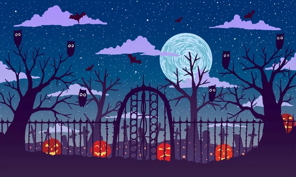 ベクトルイラスト。ハロウィンだ。夜にカボチャと墓地の間のフェンシングの門. — ストックベクタ