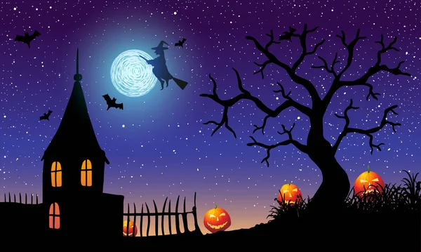 Ilustração vetorial de Halloween. Abóbora Jack no fundo da casa velha, cemitério e lua cheia. — Vetor de Stock