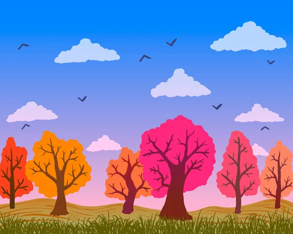 丘の上にオレンジの葉を持つベクトル秋の落葉樹. — ストックベクタ