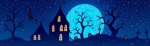 Vector illustration of halloween. Pumpkin Jack on background of the old house, cemetery and full moon. — Stock Vector