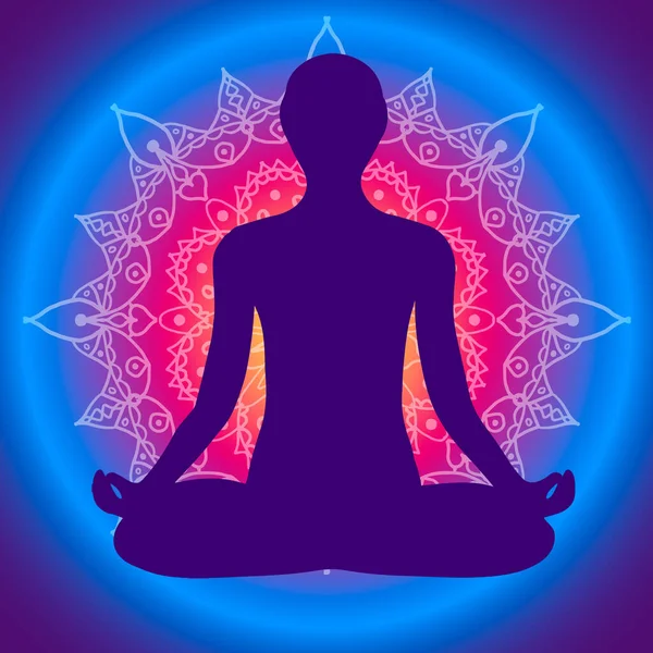 Hombre de yoga en la posición de Loto en el mandala del amanecer — Vector de stock