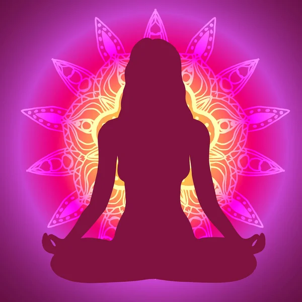 Yogakvinna i Lotus position på gryningen Mandala — Stock vektor