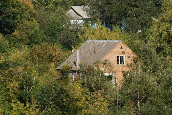 Berg Felsen Wald Bäume Hang Häuser Straße — Stockfoto