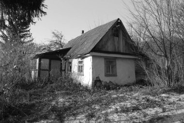 Ukrayna köyündeki ahşap ev. Ormanın kıyısındaki köy. Eski harap ev