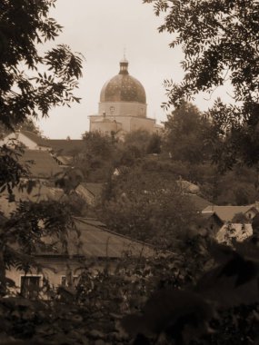 Meryem 'in Doğumu Kilisesi (Tunytska). Köyün kıyısındaki Antik Ortodoks Kilisesi. Ukrayna köyündeki ahşap ev. Ormanın kıyısındaki köy.