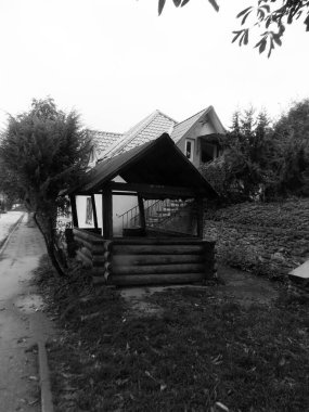 Ukrayna köyündeki ahşap ev. Ormanın kıyısındaki köy. Eski harap ev           