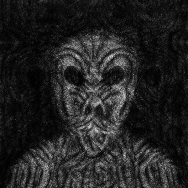 Wicker monster with empty eye sockets, alien or mystical creature, black and white image, digital painting, concept for suspense and horror.