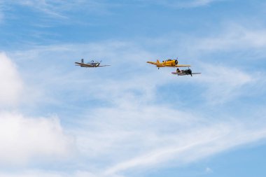 Madrid, İspanya - 3 Haziran 2018: Oluşumu uçan Policarpov I-16, Kuzey Amerika T-6 Teksaslı Dun ve Beechcraft T-34a akıl hocası Cuatro Vientos Havalimanı koleksiyonunda tarihi uçak hava gösterisi sırasında