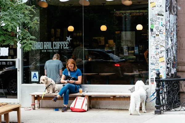 Mujer no identificada con perro sentada en la cafetería de Stuyvesant Street — Foto de Stock