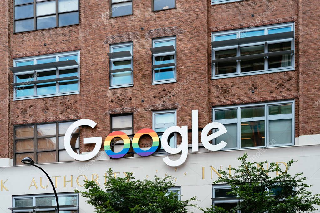 New York City, USA - June 22, 2018: Google sign with rainbow colors outside the Google office in New York City during Pride Parade. Google is a multinational technology company .