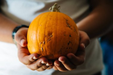 Çocuk elinde bir kabak tutarak yakın çekim