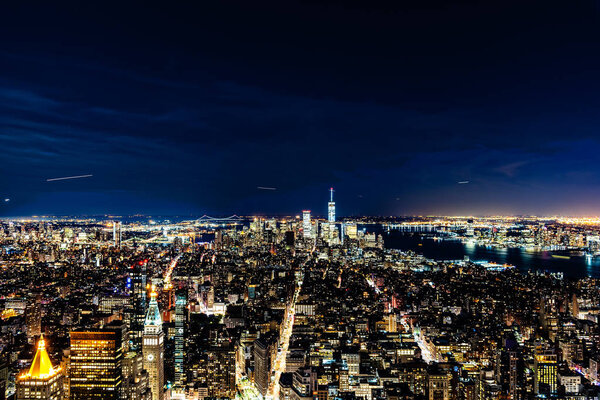 High angle view of the skyline of Manhattan at night.