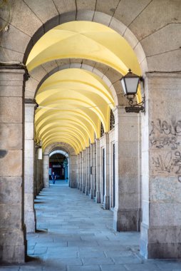 Madrid 'deki Coronavirus tecridi sırasında Plaza Mayor' da kapalı dükkanları olan Portico.
