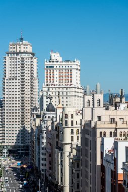 Madrid 'deki Gran Via şehrinin manzarası. Hava görünümü