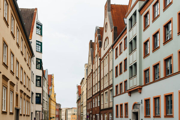 Traditional colorful houses with gable in the old town of Stralsund.