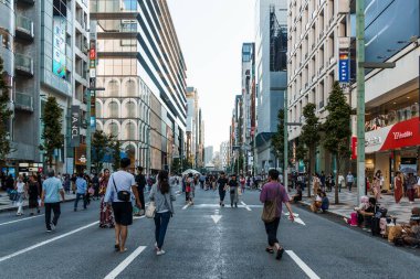 Tokyo, Japonya - 3 Ağustos 2024: Tokyo Ginza bölgesindeki hareketli bir sokak sahnesi, üst düzey dükkanların ve modern mimarinin ortasında karşıdan karşıya geçen yayaları gösteriyor..