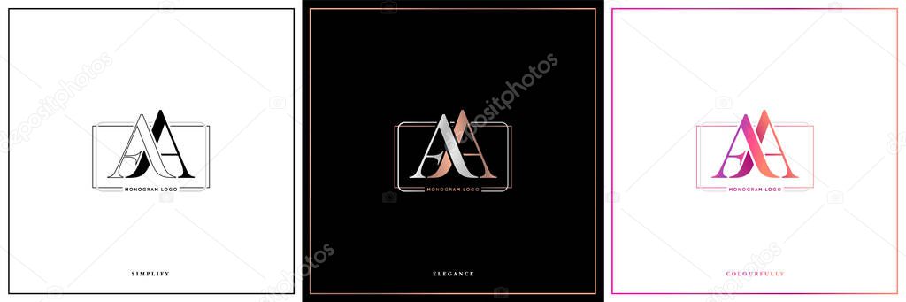 AA monogram, AA initial Wedding , Aa logo company, AA icon business, AA sign, symbol with variation three designs of minimal, elegance, colourful for fashion, jewelry, boutique and creative templates.