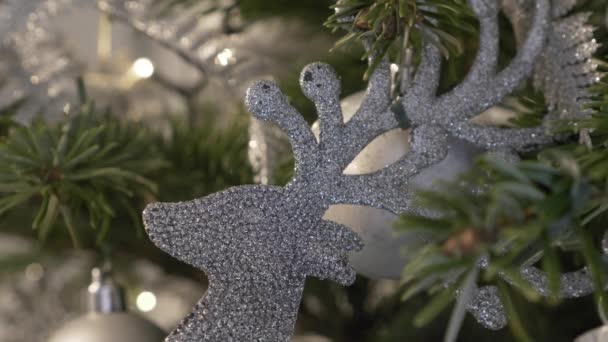Close View Silver Glitter Reindeer Decoration Locked — Stock Video