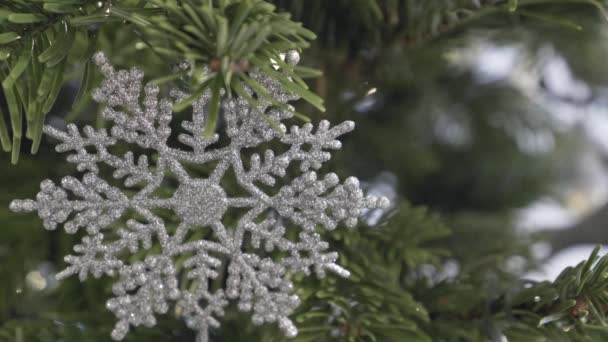 Närbild Glitter Snöflinga Dekoration Hängande Utanför Julgranen Närbild Och Låst — Stockvideo