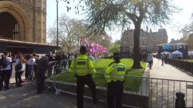29 Mart 2019 'da arka planda UKip Bayraklı Abingdon Street Gardens' a bakan iki İngiliz polisi, Westminster, Londra 'da Brexit' te üçüncü oylamada