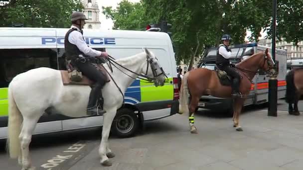在抗议活动中 英国警察骑着警车与警察面包车坐在一起 — 图库视频影像