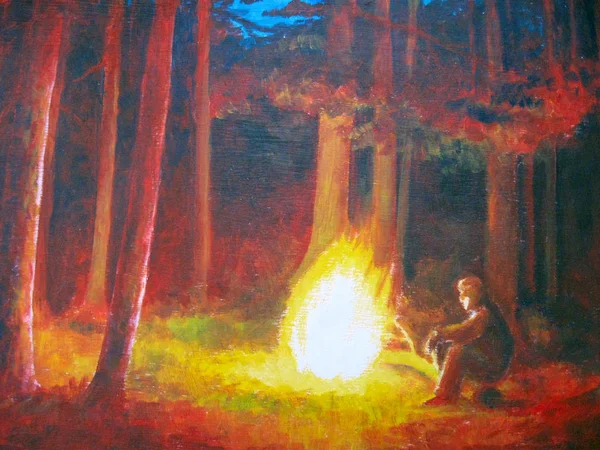 Man Met Vermoeid Gezicht Picnic Door Het Vuur Het Bos — Stockfoto