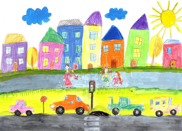 Child Drawing Lives People City Building Car — Stock Photo, Image