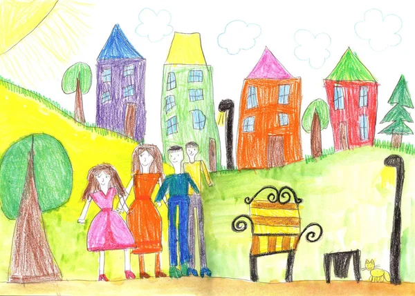 Dětská Kresba Šťastnou Rodinu Domácí Chodit Venku Spolu — Stock fotografie