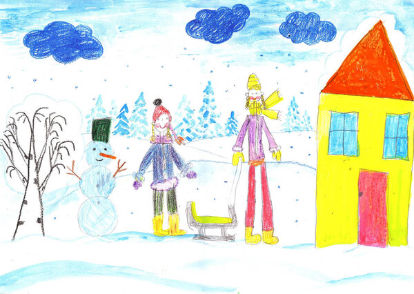 Vacation, holiday, New year, Christmas. Children playing, skiing and sledding. Make a snowman. Drawing child.
