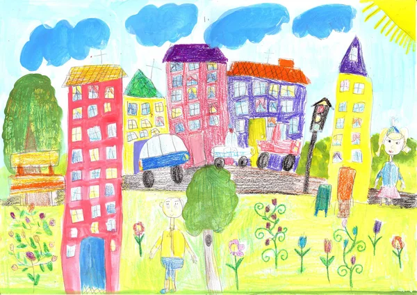 Child Drawing Lives People City Building Car — Stock Photo, Image