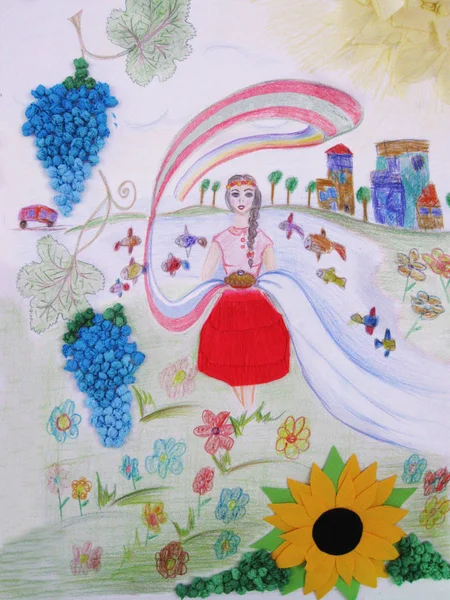 Малюнок Дівчини Сільських Будинків Поля Озеро Рибою Сільське Життя — стокове фото