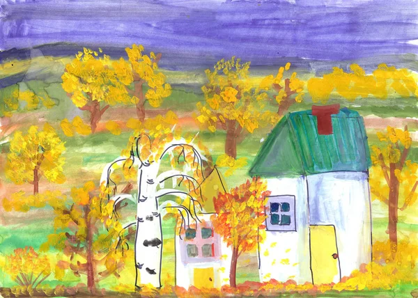 Kind Tekening Van Een Landhuis Aquarel Schilderij Gouden Herfst — Stockfoto