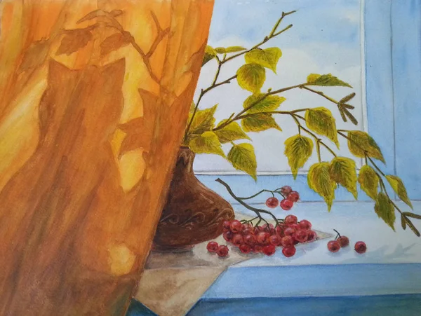 水彩画 用红莓花瓶 — 图库照片