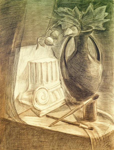 Skizze Bleistiftzeichnung Stillleben Vase Antike Säule Farbe Und Pinsel — Stockfoto