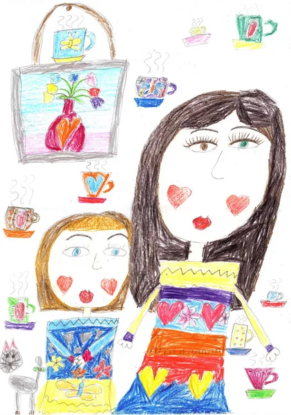 Child's drawing of a happy family inside house