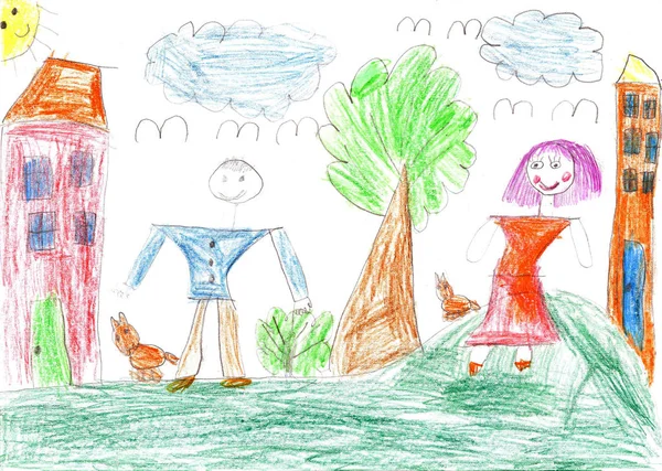 Child's drawing of a happy family on a walk — Stock Photo, Image