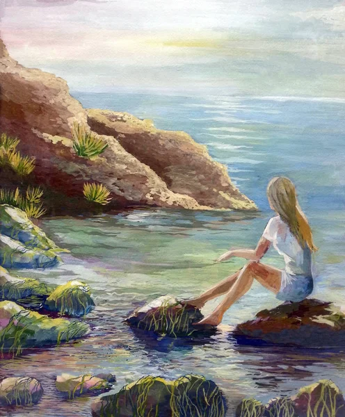 Menggambar gadis kesepian melihat ke dalam jarak laut dan mimpi — Stok Foto