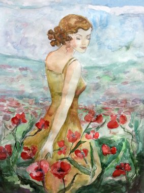 Young beautiful woman walking through a poppy field in summer