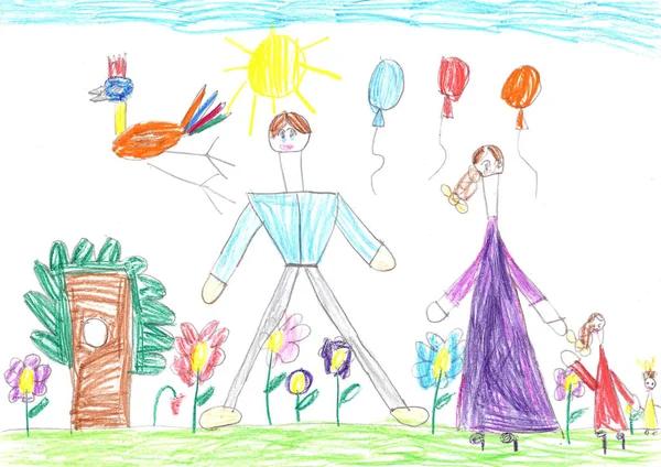 Child's drawing of a happy family on a walk — Stock Photo, Image