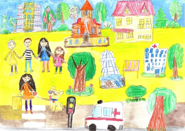 Child's drawing of the happy family on a walk and cars. — Stock Photo, Image