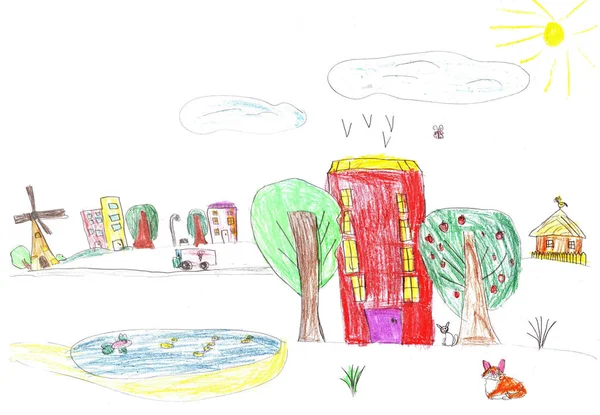 Child drawing of the buildings and cars. — Stock Photo, Image