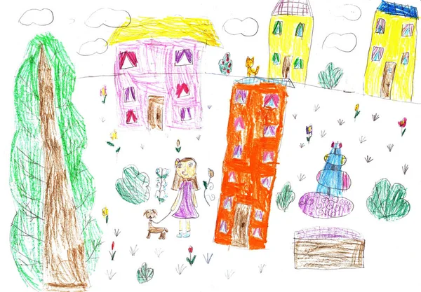 Kind tekening van een gelukkig meisje op een wandeling buitenshuis — Stockfoto