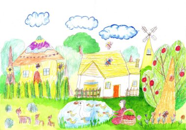 Kırsal araziyi çiziyoruz. Çiftlik, tarım sahnesi.